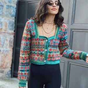 Zara green jacquard knit sweater cardigan